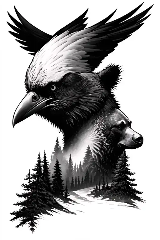 Half Head Of A Raven Combined With Half Head Of A Bear With Forest Landscape Tattoo Design