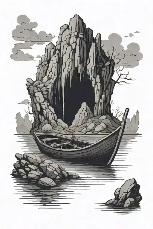 Rowboat At The Entrance To A Dark And Sinister Cave