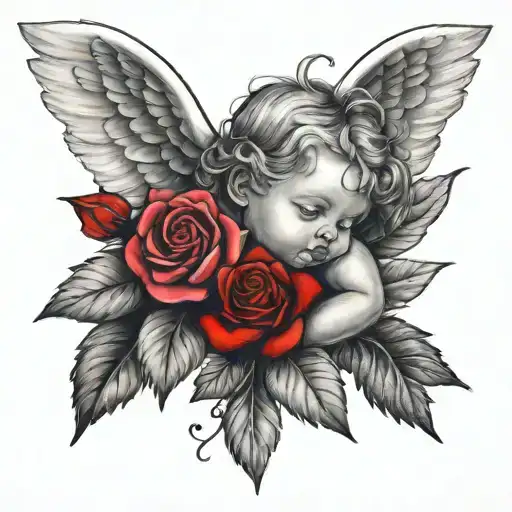 Baby Angel With Red Roses For Shoulder And Back