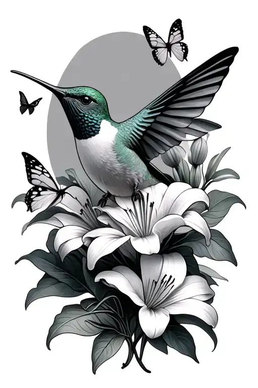 A Hummingbird With Lilies Surrounded By Butterflies