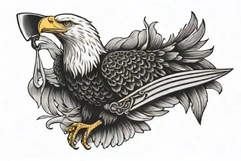 Bald Eagle Quill Pen Drawing An Apple Being Sliced By A Damascus Steel Chef's Knife