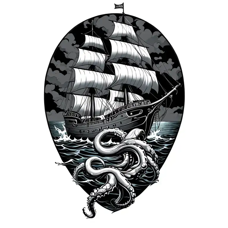 Kracken And Ship Sailing Through A Sea