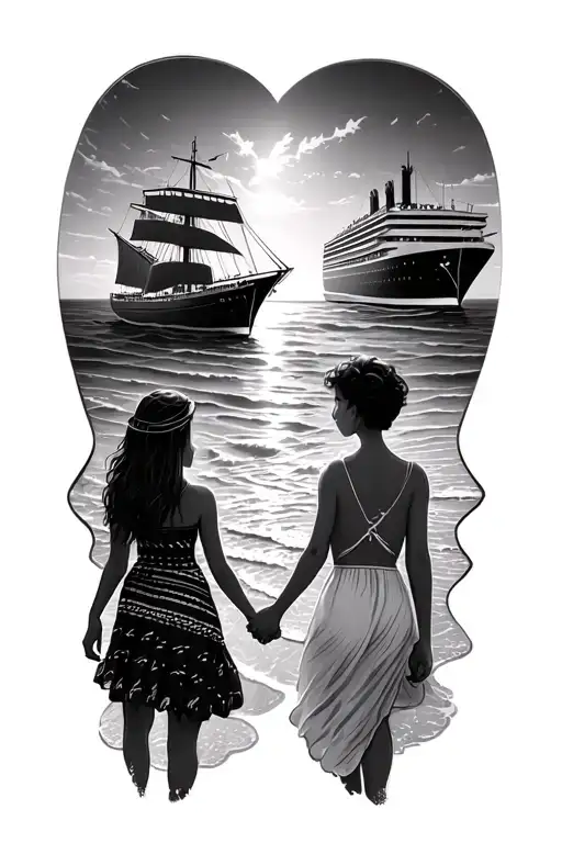 Family Holding Hands On Beach With Cruise Ship Sailing