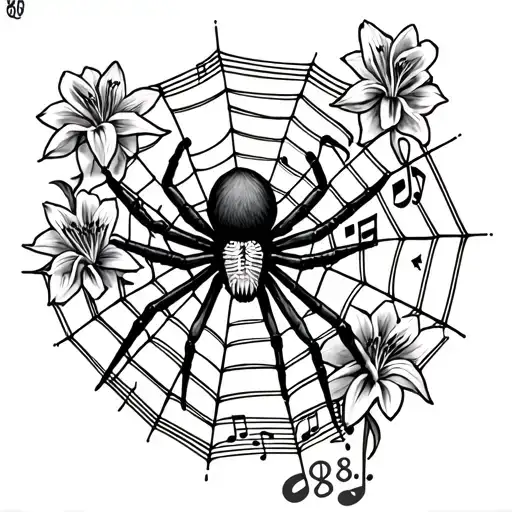 Spider On Spider Web With 888 Angel Number With Spider Lily's And Music Notes On Forearm