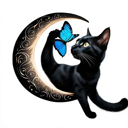 Black Cat On Crescent Moon Touching Nose With Blue Butterfly