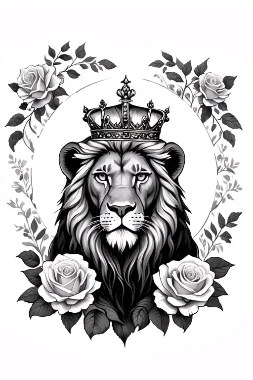 Lion Wearing A Crown Surrounded By Roses Blooming