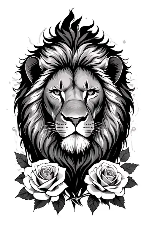 Lion With A Scar With Roses In The Background Black And White