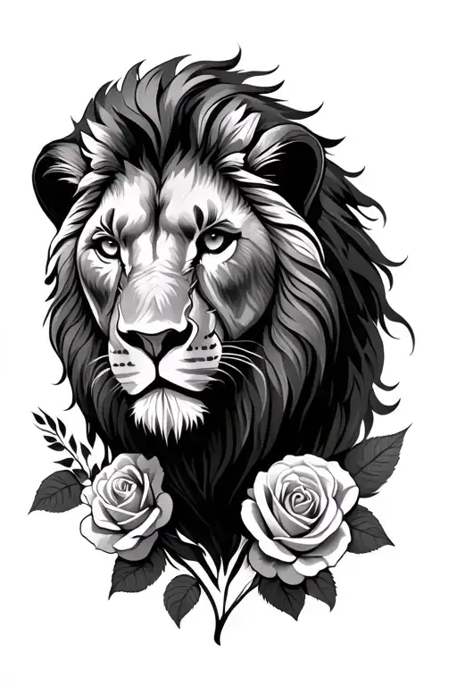 Lion With Scar With Roses In The Background Black And White