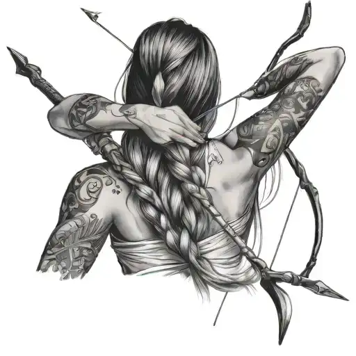 Girl From Behind With A Long Braid Holding A Bow And Arrow With It Drawn