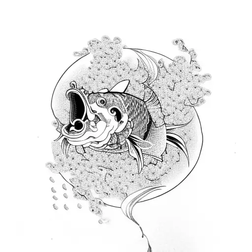 Koi Fish With Half Hannya Mask With Waves And Cherry Blossom Leafs And Flowers Falling