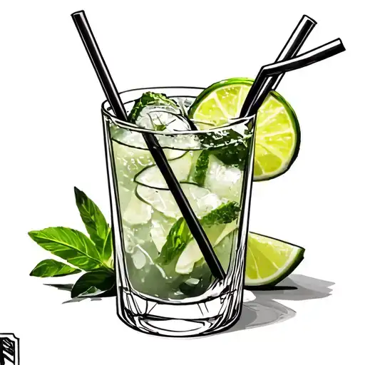 Mojito Glass With 3 Straws Fine Line No Shading