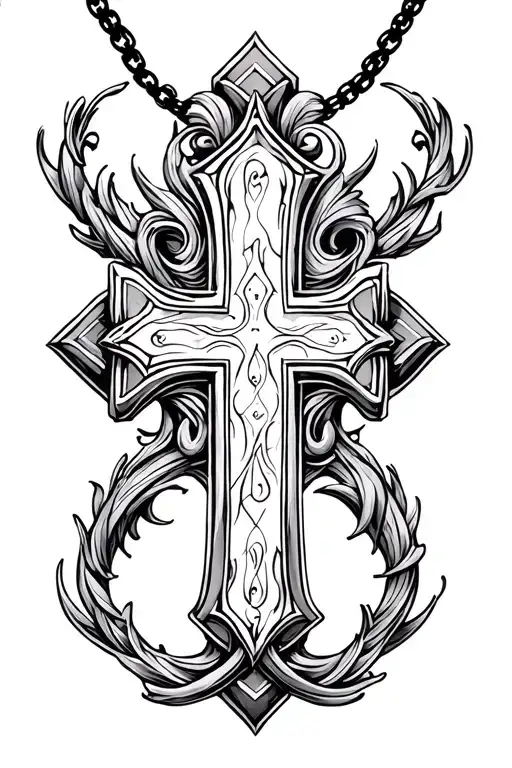 A Cross Pendant Tattoo That Looks Like It's Wrapping Around With 14 Components One Colored In