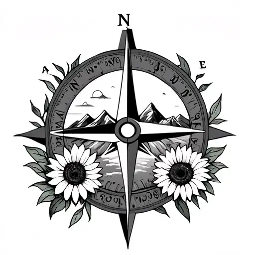 Compass Rose With Mountains And Sunflowers