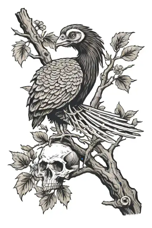 Dead Wild Turkey Hanging From Tree Branch With A Skeleton Sitting Against The Tree