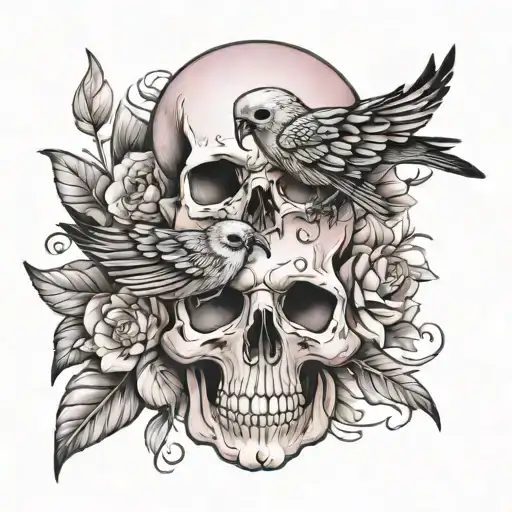 Skull Pink Birds Flower