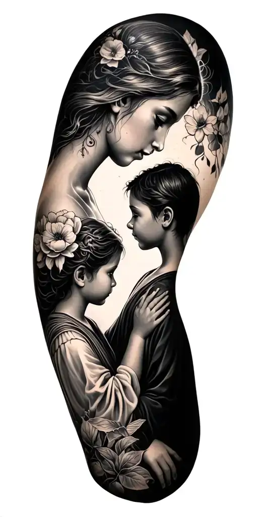 Sleeve Tattoo Featuring Elements And A Siluette Of A Mother And A Son