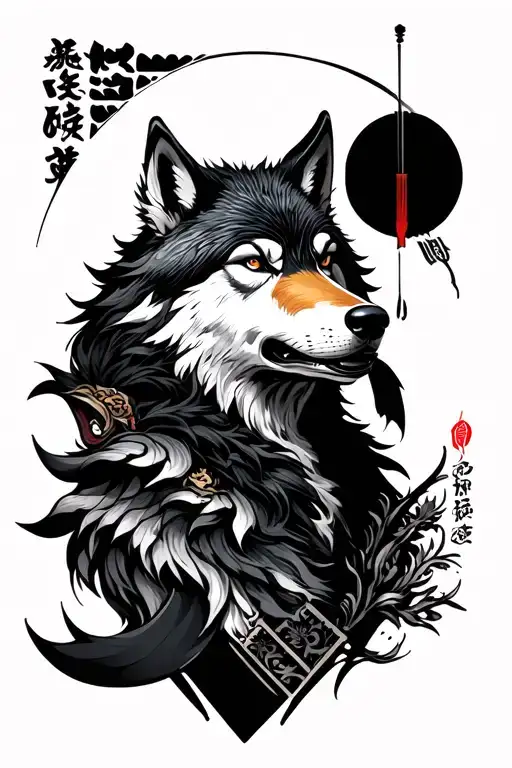 Japanese Concept Style Fattoo With Samuari And Wolf