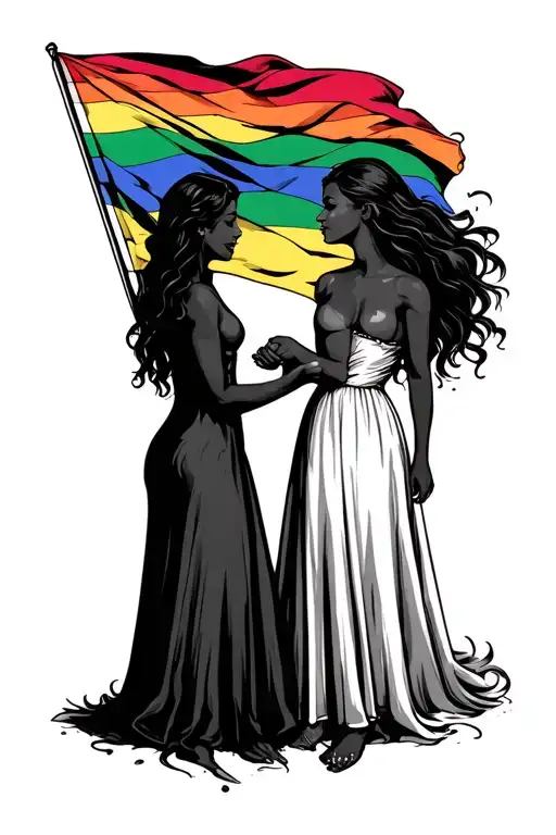 Pride Flag Lesbian Couple Holding Hands