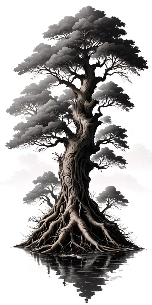 Tree With Lots Of Branches With Roots And Stream