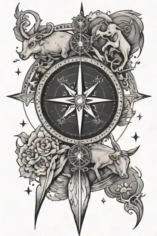 Compass With Sagittarius And Taurus Zodiac Constellations