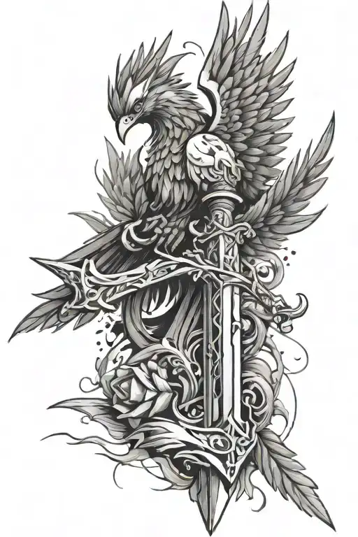 Shattered Sword With Pheonix Perched At Hilt With Tail Feather Holding Pieces In Place