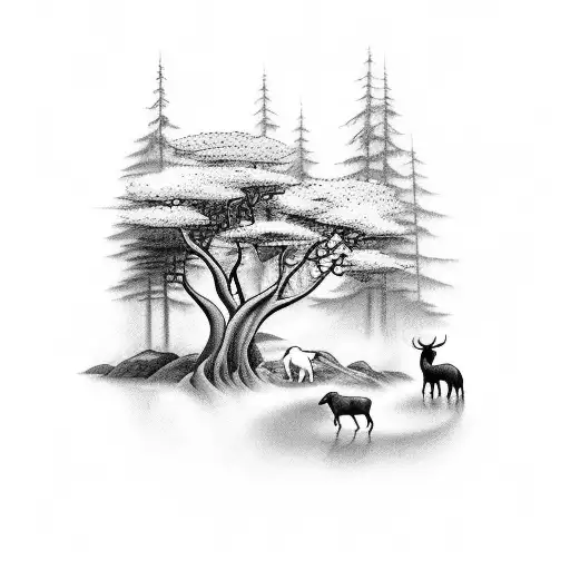 A Serene Landscape Tattoo Featuring A Peaceful Waterfall And A Group Of Animals Living Harmoniously