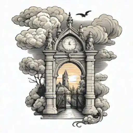 Irish Old Tower Half Sleeve Tattoo Clouds Gate Sunset Sky