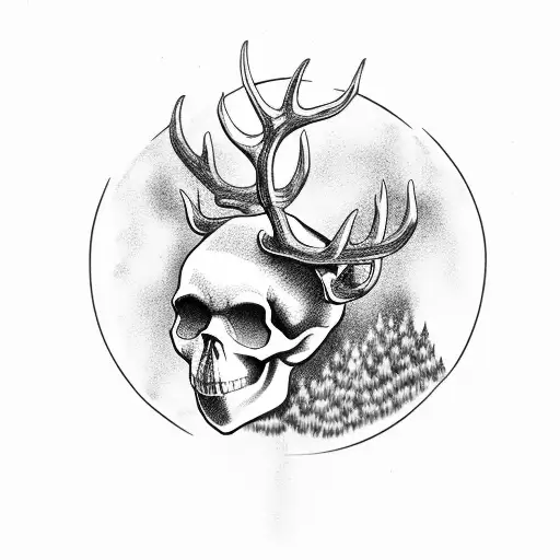 Skull Ring With Deer Silhouette And Trees In Middle