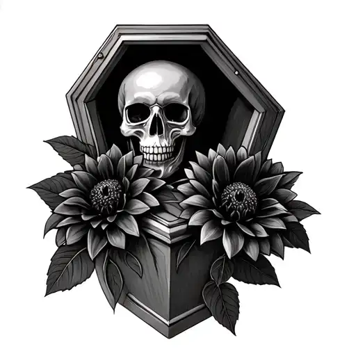 Black Skull In A Coffin With Black Dahlia Flowers Growing