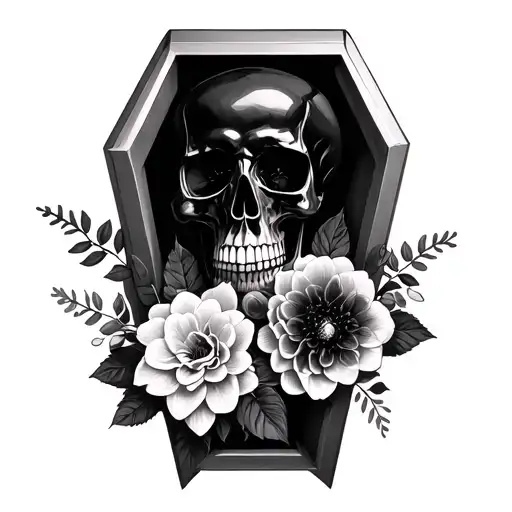 Black Skull In A Coffin With Black Dahlia Flowers Intertwined