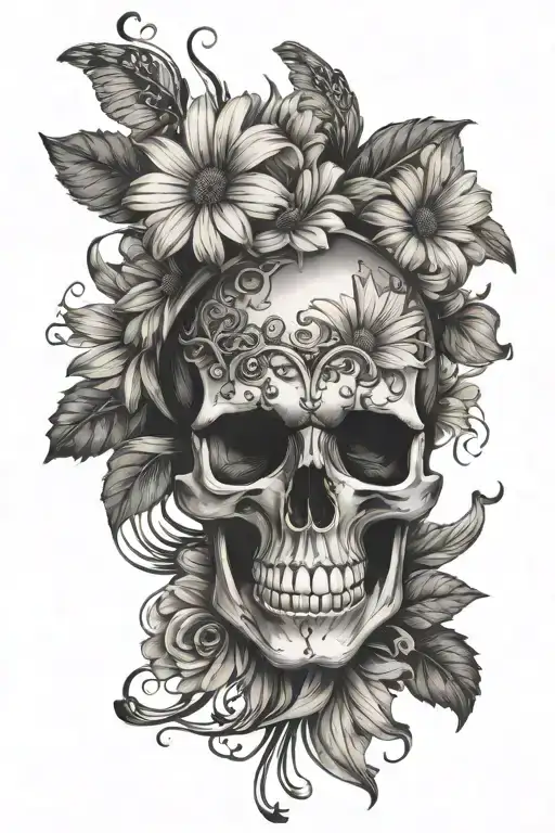 Skull And Daisy And Music Notes Flowing