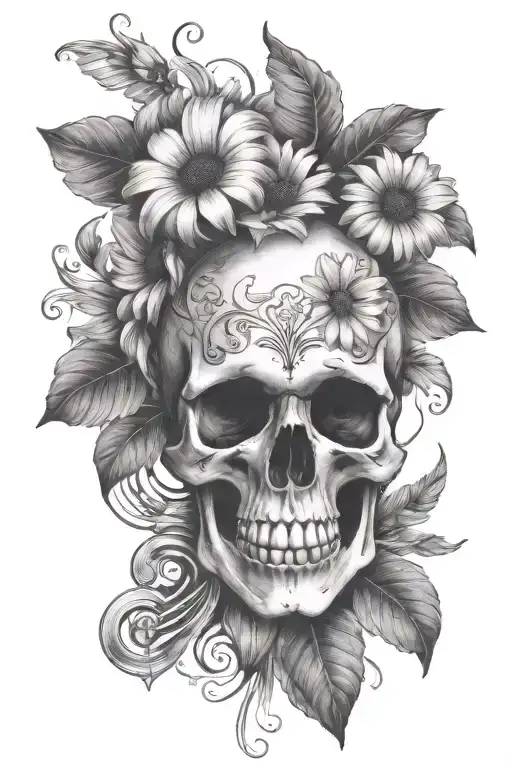 Skull And Music Notes Flowing With Daisy