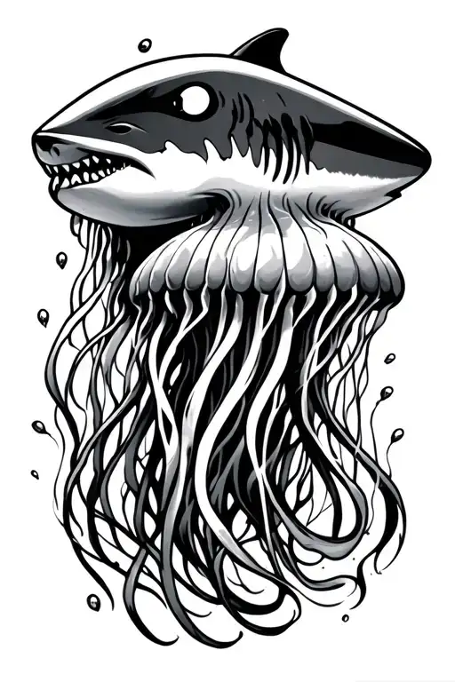 Pac-man Style Shark And Jellyfish Swimming Around Calf
