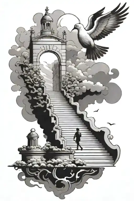 Staircase To Heaven With Man Walking With Dove Flying