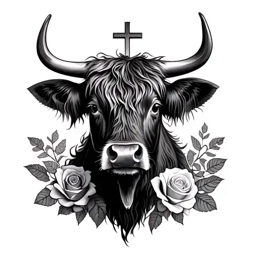 Cross And Roses And Highland Cow
