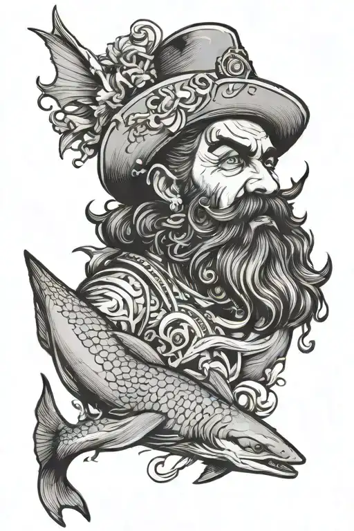 Black Beard With Mermaid And Shark