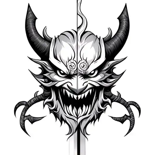 Oni Mask Split In Half With A Sword