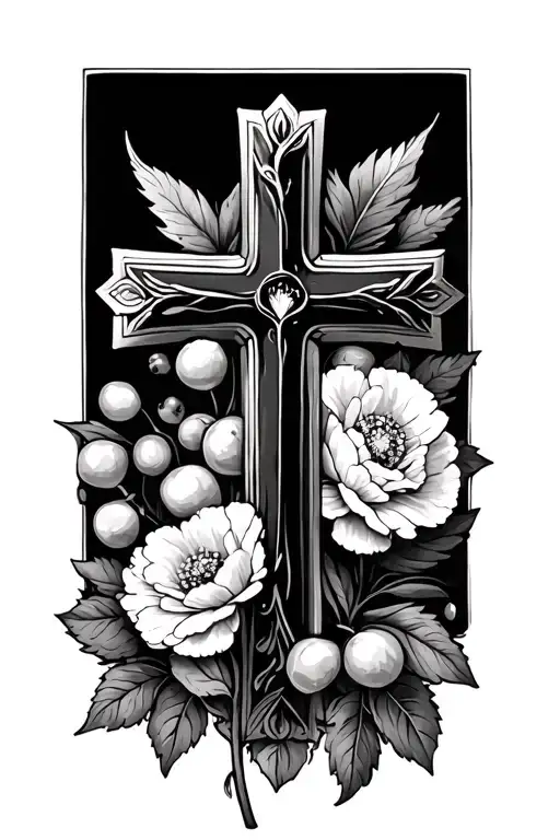 Small Cross Tattoo With Carnations And Hawthorn