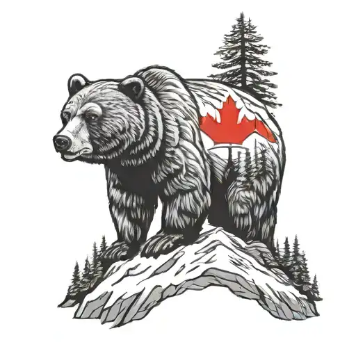 Canadian Mountains Bear Canadian Flag