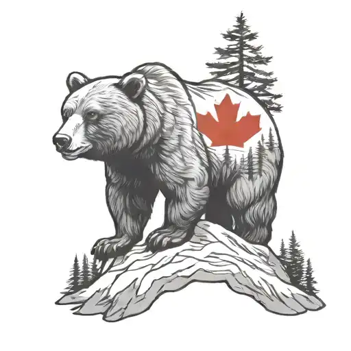Canadian Mountains Bear Canadian Flag