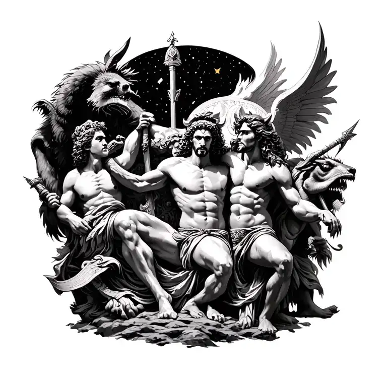 Greek Mythology War Scene With Gods And Mythical Creatures