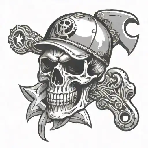 Skull With Wrench And Torch Crossed Together Representing