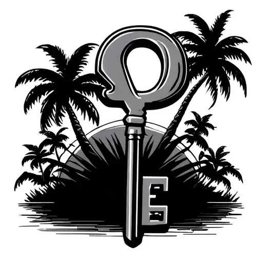 A Key Going Through The Number 8 With Palm Trees Behind It And The Sun In The Background As Well