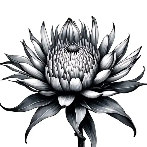 Protea Flower Watercolor With Curvy Lines Like Smoke Fineline