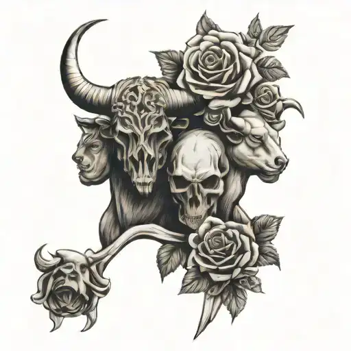 Virgin And Bull With Skulls And Roses Intertwined