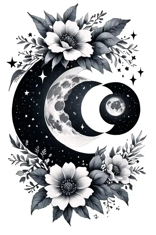 Phases Of The Moon With Stars And Flowers