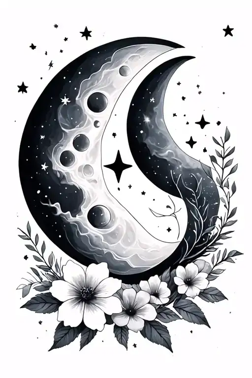 Fine Line Phases Of The Moon With Stars And Flowers