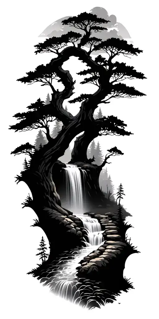 Winding Path Towards Waterfall Through Forest