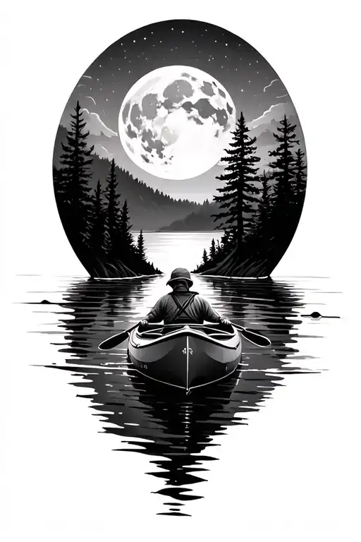 Kayak In Dark Water Surrounded By Trees Under Moonlight
