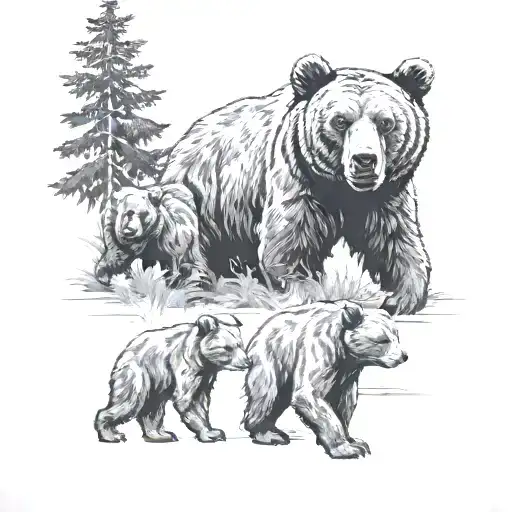 Bear With Three Cubs In A Coniferous Forest